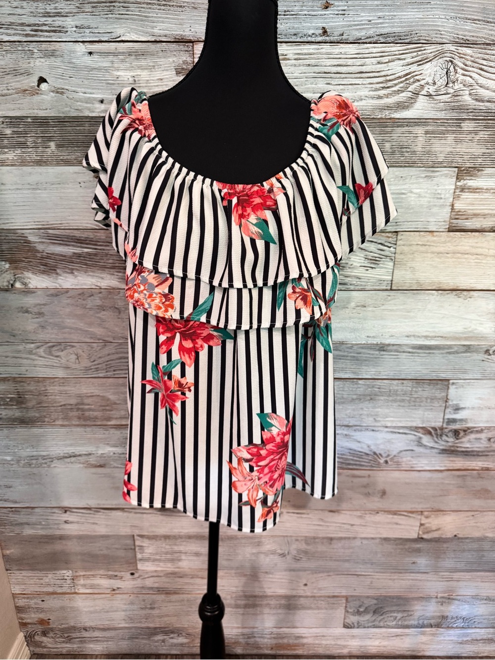 NWT Flying Tomato Black & White Striped Off-Shoulder Floral Top